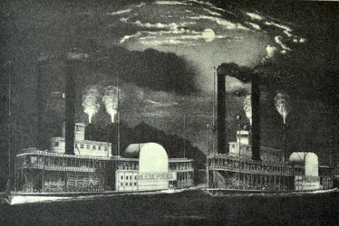 Currier & Ives Illustration 19. Jahrhundert. Mitternachtsrennen auf dem Mississippi